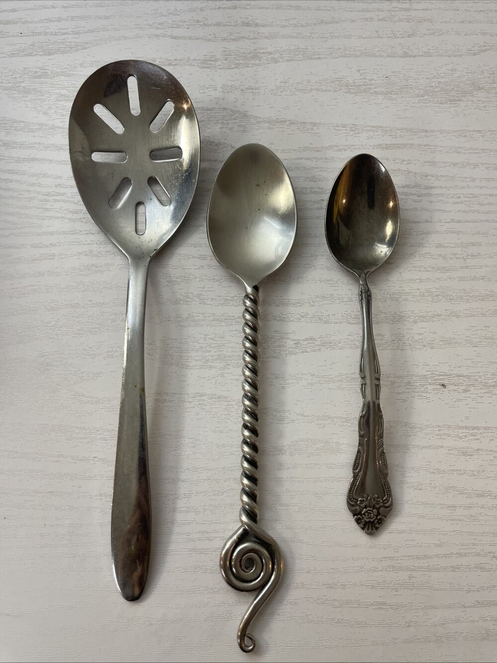 Vintage Mixed Stainless Steel Spoons Lot 3 Sears Gentle Rose Spiral Slotted Vtg